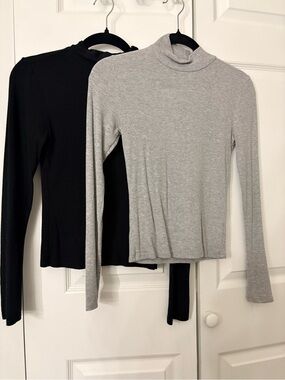 Women's Long-Sleeve Mock Neck Tops in Gray & black